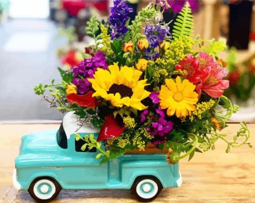 Flowers And Cyan Car Diamond Paintings