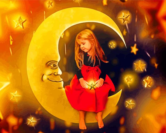 Girl Sitting On Moon And Stars Diamond Paintings