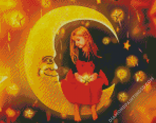 Girl Sitting On Moon And Stars Diamond Paintings