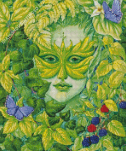 Green Lady And Leaves Diamond Paintings