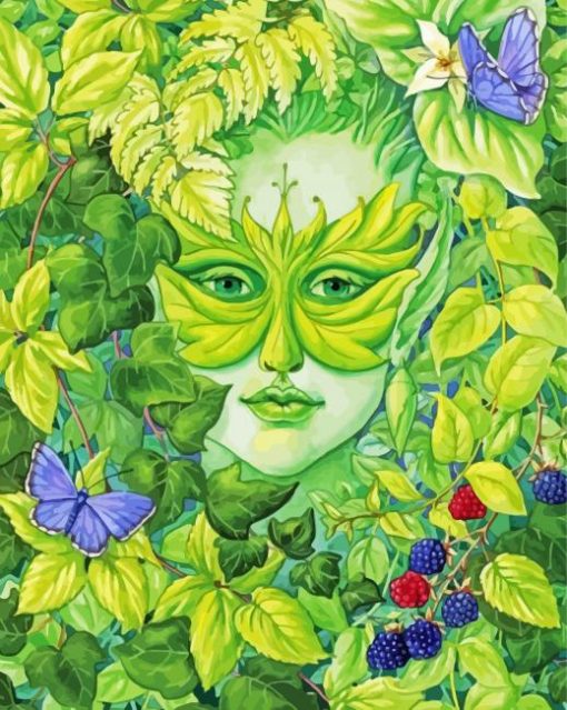 Green Lady And Leaves Diamond Paintings