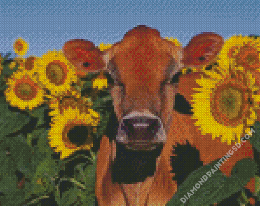 Aesthetic Cow With Sunflowers Diamond Paintings