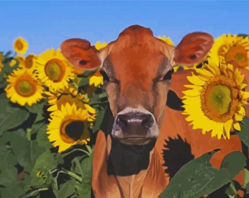 Aesthetic Cow With Sunflowers Diamond Paintings