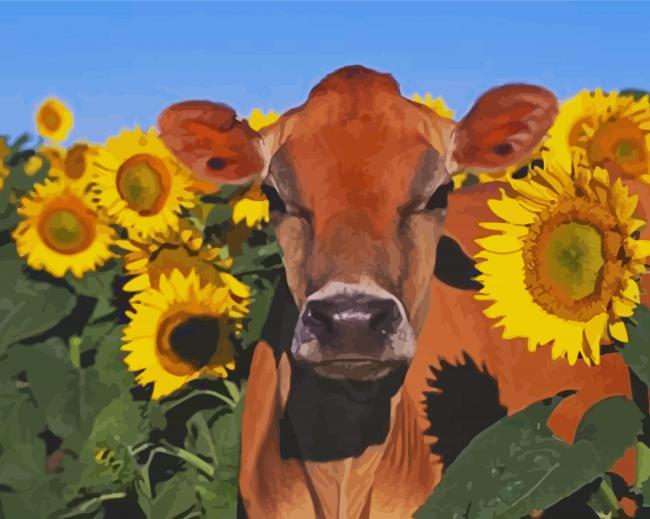 Aesthetic Cow With Sunflowers Diamond Paintings