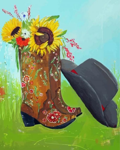 Aesthetic Cowboy Hat And Floral Boot Diamond Paintings