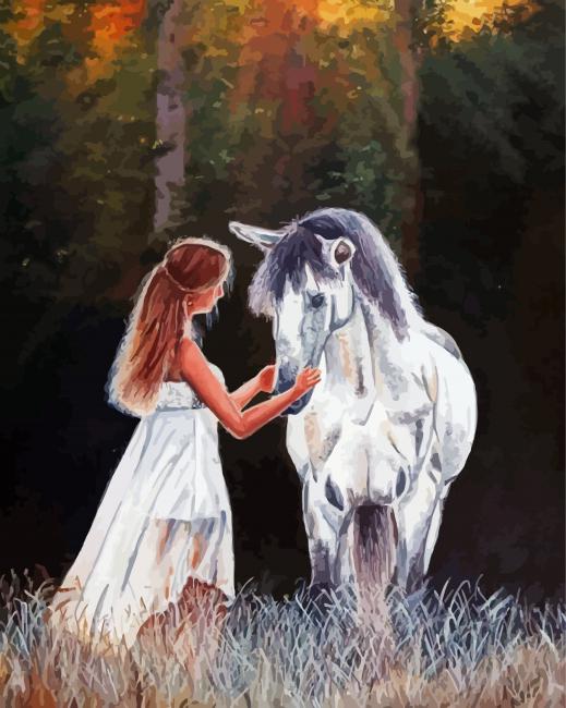 Aesthetic Girl And White Horse Diamond Paintings