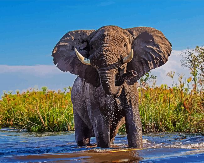 African Elephant In Water Diamond Paintings