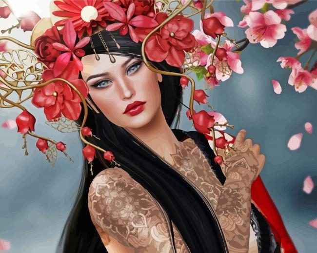 Asian Lady With Floral Hair Diamond Paintings