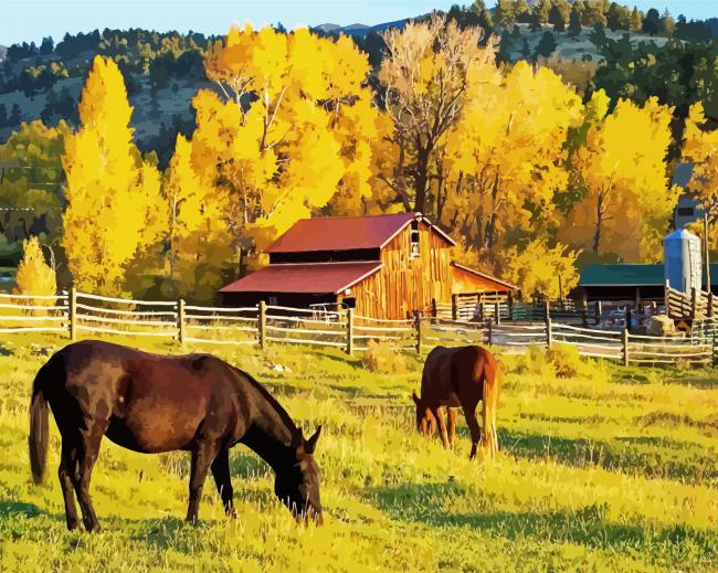 Barn And Horses in Autumn Diamond Paintings