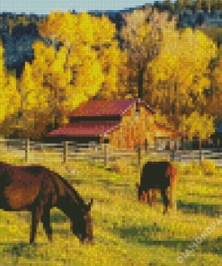 Barn And Horses in Autumn Diamond Paintings