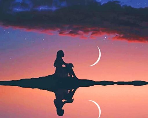 Girl And Crescent Moon Silhouette Diamond Paintings