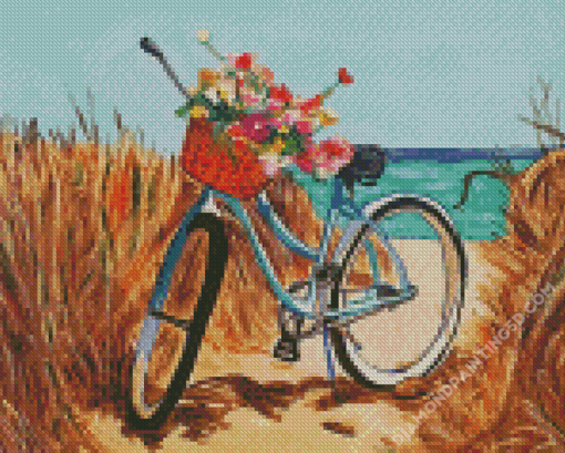 Beach Scene With Bicycle And Flowers Diamond Paintings