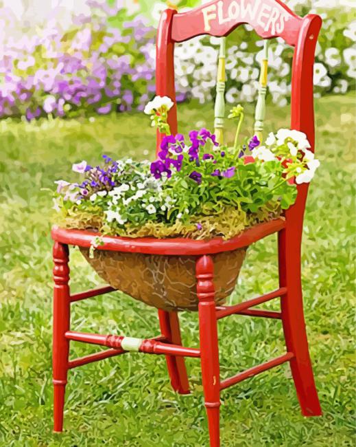 Flowers in Red Chair Diamond Paintings