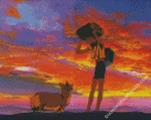 Girl With Dog Sunset Diamond Paintings