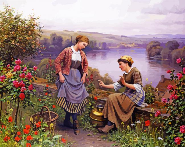 Two Women Talking In Garden Diamond Paintings