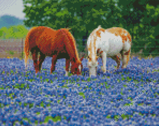 Aesthetic Bluebonnets And Horses Diamond Paintings