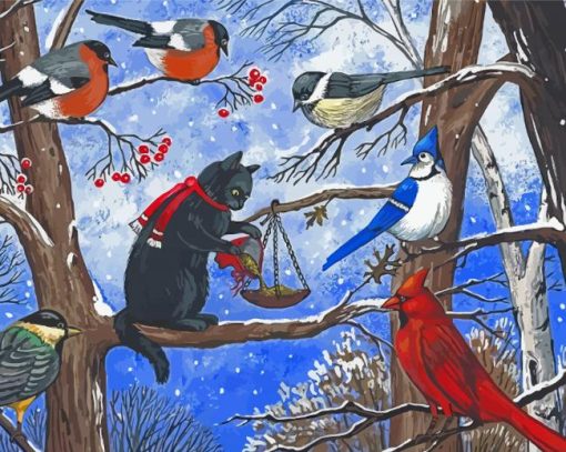 Birds And Blue Jay In Winter Diamond Paintings