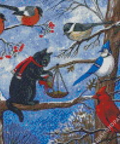 Birds And Blue Jay In Winter Diamond Paintings