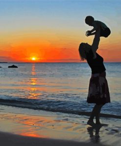 Mother And Son On Beach Sunset Diamond Paintings