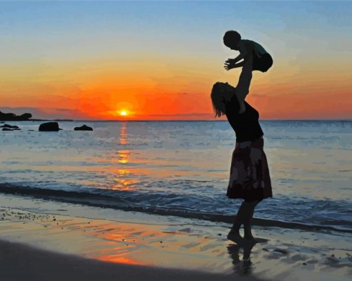 Mother And Son On Beach Sunset Diamond Paintings