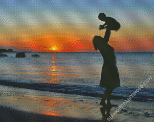 Mother And Son On Beach Sunset Diamond Paintings