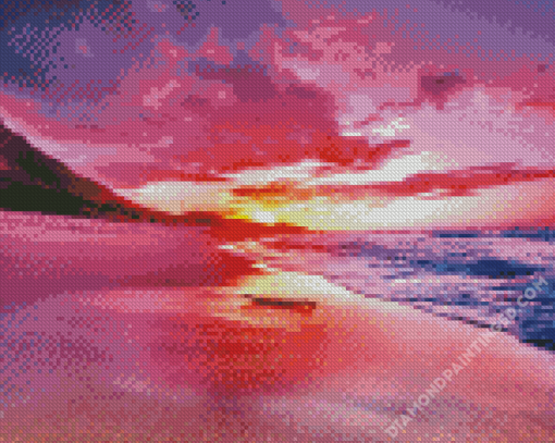 Pink Sunset With Mountain And Waves Diamond Paintings