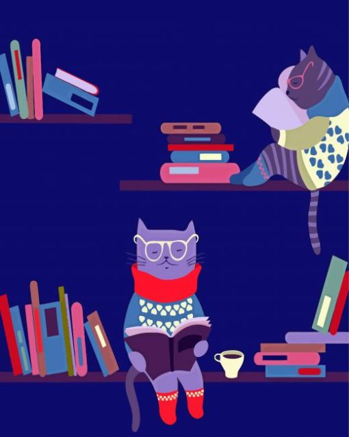 Cats Reading Books On Bookshelves Illustration Diamond Paintings