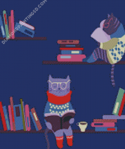 Cats Reading Books On Bookshelves Illustration Diamond Paintings