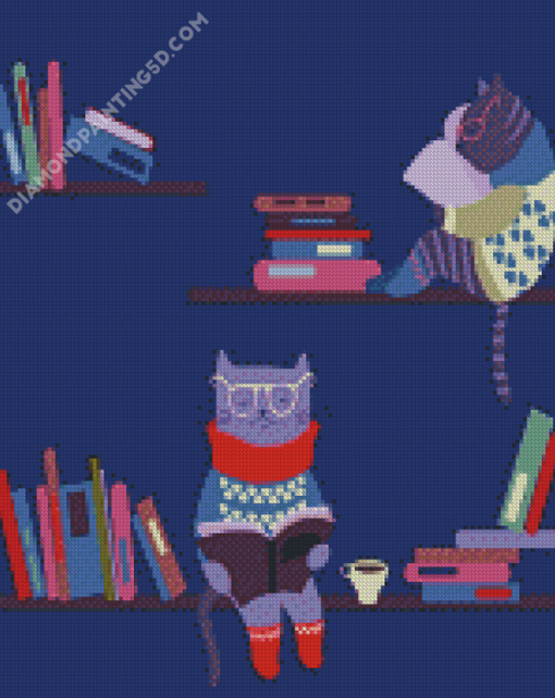 Cats Reading Books On Bookshelves Illustration Diamond Paintings