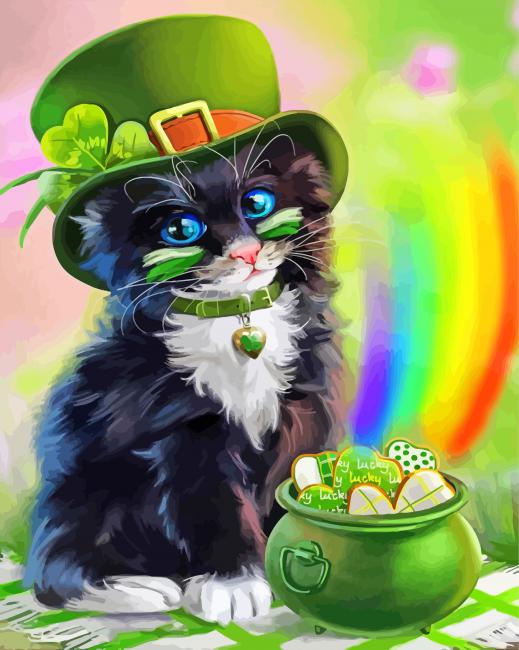 Cute St Patrick Kitten Diamond Paintings