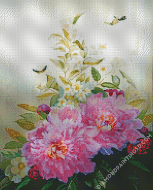 Pink Peonies And Butterflies Diamond Paintings