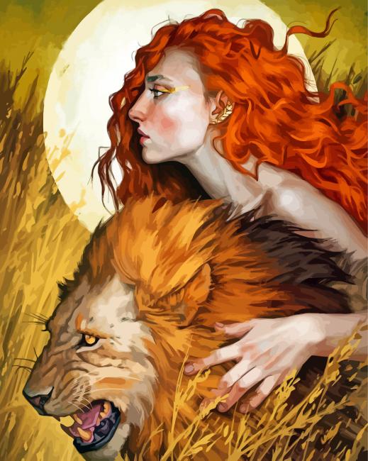 African Redhead Girl With Lion Art Diamond Paintings