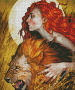 African Redhead Girl With Lion Art Diamond Paintings