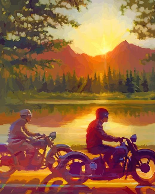 Men On Motorcycle By Lake Diamond Paintings