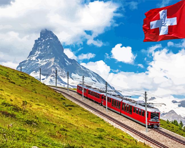 Red Train In Alps Diamond Paintings