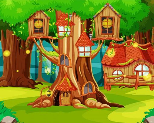 Tree Cartoon Houses Diamond Paintings