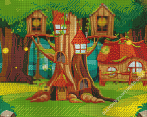 Tree Cartoon Houses Diamond Paintings