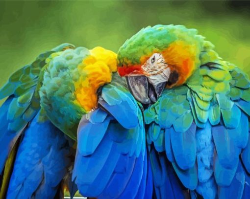 Two Parrots In Jungle Green With Blue Diamond Paintings