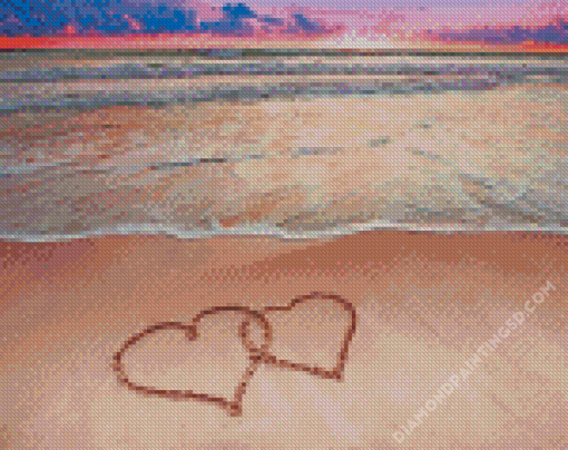 Beautiful Beach With Hearts In Sand Diamond Paintings