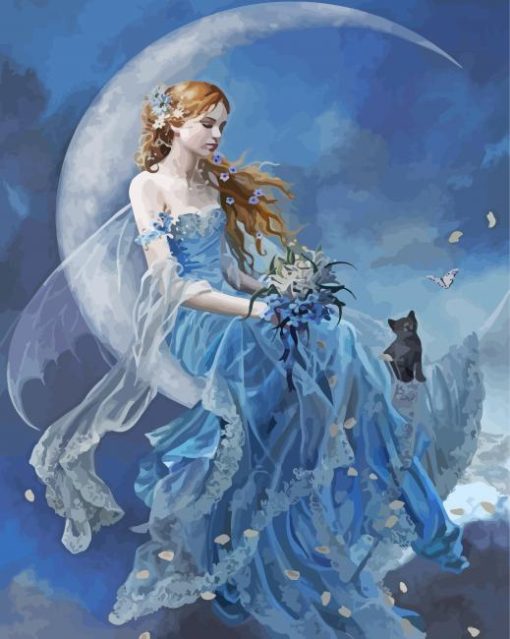 Black Cat With Fairy On The Moon Diamond Paintings