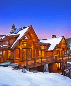 Cabin In The Mountains At Dusk Surrounded By Snow Diamond Paintings