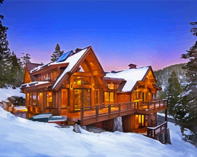 Cabin In The Mountains At Dusk Surrounded By Snow Diamond Paintings