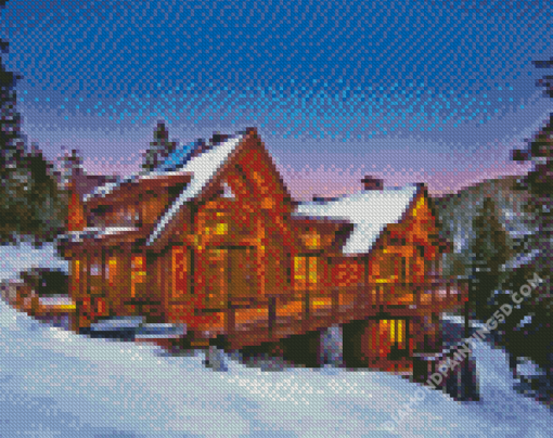 Cabin In The Mountains At Dusk Surrounded By Snow Diamond Paintings