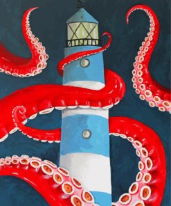 Red Octopus And Lighthouse Diamond Paintings