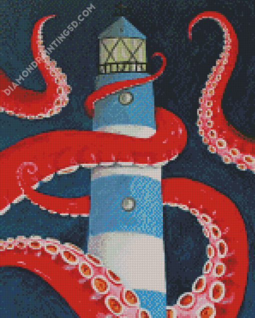 Red Octopus And Lighthouse Diamond Paintings