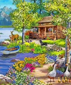 Spring Peace River Cabin Diamond Paintings