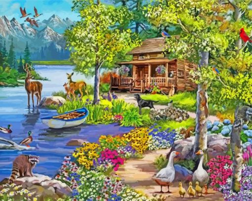 Spring Peace River Cabin Diamond Paintings