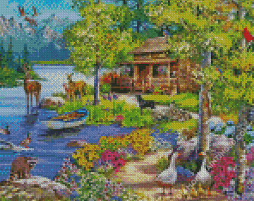 Spring Peace River Cabin Diamond Paintings