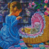 Baby Girl And Kittens In Basket Diamond Paintings