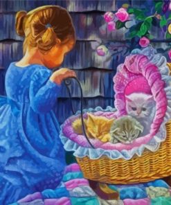 Baby Girl And Kittens In Basket Diamond Paintings